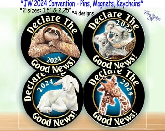 JW 2024 Convention-Declare the Good News 1.5" & 2.25" pin, magnet, keychain - 4 designs/English - Spanish/jw.org/jw pioneer gift/jw gifts