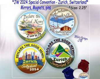 Convención Especial JW 2024 - Zurich/espejos de bolsillo, imanes, alfileres/4 diseños inglés - español/jw.org/encouragement gift