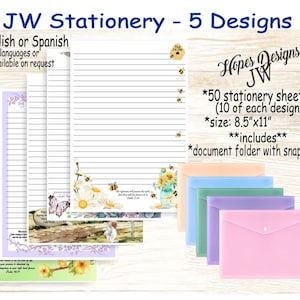 Paquete de papelería JW n.° 7: 5 diseños/Inglés/Español/Estándar, universitario, espaciado amplio/Redacción de cartas JW/Ministerio/Regalos JW/Regalo de bautismo de pioneros