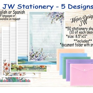 Paquete de papelería JW n.° 1: 5 diseños/Inglés/Español/Estándar, universitario, espaciado amplio/Redacción de cartas JW/Ministerio/Regalos JW/Regalo de bautismo de pioneros