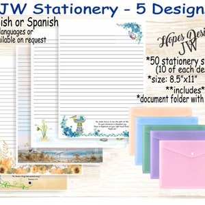Paquete de papelería JW n.° 3: 5 diseños/Inglés/Español/Estándar, universitario, espaciado amplio/Redacción de cartas JW/Ministerio/Regalos JW/Regalo de bautismo de pioneros