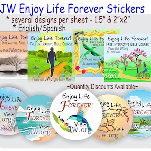 Pegatinas JW Enjoy Life Forever - 2 tamaños de pegatinas - muchos diseños por hoja - ministerio JW - redacción de cartas JW - regalos JW - bautismo de pioneros JW