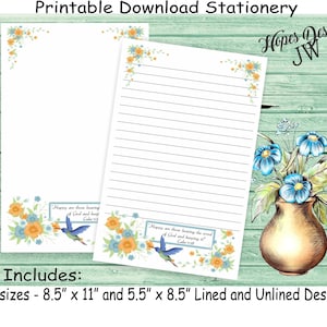 Cancelleria per scrittura di lettere JW - PDF istantaneo - file digitale WORD/fiori e design colibrì alato blu/forniture ministero jw - stampa a casa