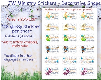 Naklejki dla Służby Świadków Jehowy: Kształty dekoracyjne – Dzielenie się, niesienie dobrych nowin – Błyszczące wykończenie (18 na arkusz)