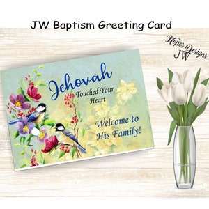 JW gifts/JW Baptism Greeting Card/'Jehová tocó tu corazón'/acuarela bird floral design/jw ministry/jw.org/jw cards/jw note card