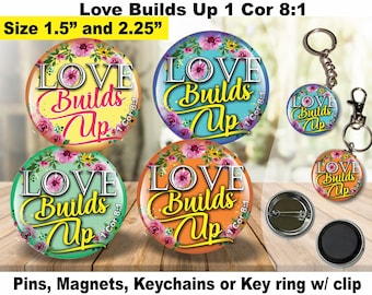 JW Gifts/Love Builds Up 1 Cor 8:1/2019-2020 assembly/floral design/1.5" & 2.25" pin,magnet,keychain/baptism/pioneer/convention/SKE/jw.org