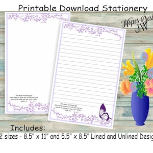 Cancelleria per lettere JW - file digitali PDF e WORD istantanei/design farfalla vite fiore di lavanda/forniture ministero JW - stampa a casa