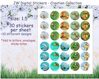 JW Creation Collection Stickers- instant PDF digital file/10 designs/jw ministry supplies - print at home/JW Letter Writing/kids stickers