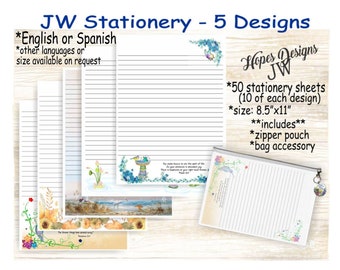 JW gifts/pack #3 JW stationery with zipper pouch/5 designs/English Spanish/standard, college, wide spacing/letter writing/jw ministry/jw.org