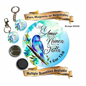 JW Spanish gifts/#S240 El amor nunca falla 1Cor 13:8/2019 asamblea regional/1.5&quot; pin,magnet,keychain,bag accessory/convention gift/jw.org