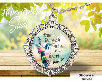 JW gifts/jw hummingbird necklace/Trust in Jehovah with all your heart Prov 3:5/personalize option/convention/jw.org/baptism/pioneer/jw stuff