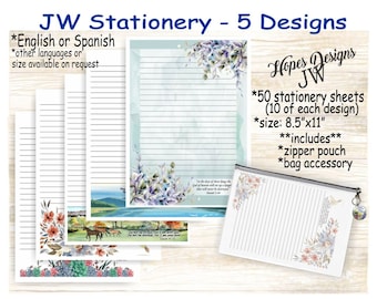 JW gifts/pack#1 JW stationery with zipper pouch - 5 designs/English Spanish/standard, college, wide spacing/letter writing/ministry/jw.org
