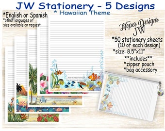 JW gifts/pack #11 JW stationery with zipper pouch - 5 designs/English Spanish/standard, college, wide spacing/letter writing/ministry/jw.org