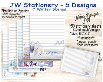 JW gifts/pack #9 JW stationery with zipper pouch 5 winter designs/English Spanish/standard, college, wide spacing/letter writing/jw ministry