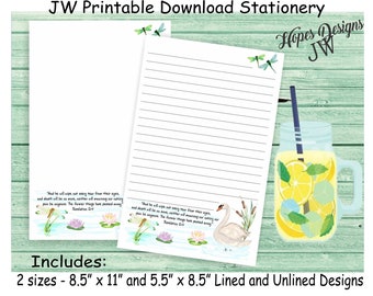 JW letter writing stationery - instant download PDF & WORD digital files/swan and dragonfly pond design/jw ministry supplies - print at home