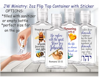 Jw gifts/2oz refillable dispenser with weatherproof laser sticker/ option - sanitizer or empty container/jw pioneer ministry/best life ever