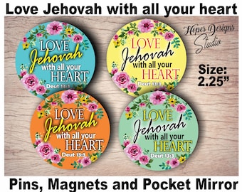 Puede incluir: Cuatro pines redondos de 2,25 pulgadas con diseños florales y el texto "Love Jehovah with all your heart" y "Deut 13:3". Los pines son de color azul, amarillo, naranja y verde.