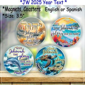 JW 2025 Year Text Magnet & Coaster Set - Psalm 96:8 - English/Spanish