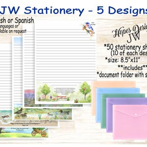 Paquete de papelería JW n.° 6: 5 diseños/Inglés/Español/Estándar, universitario, espaciado amplio/Redacción de cartas JW/Ministerio/Regalos JW/Regalo de bautismo de pioneros