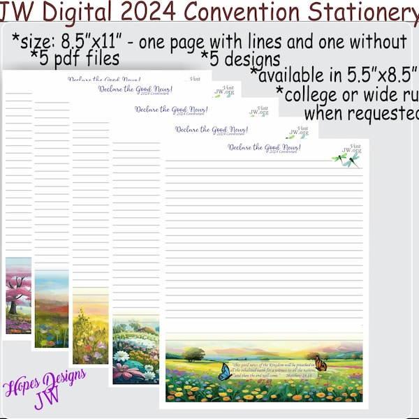 JW 2024 Convention digital printable stationery with 5 designs - instant PDF digital files/with lines and without - jw gifts - jw stationery