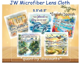 May include: Five square microfiber lens cloths measuring 5.5 inches by 5.5 inches, each featuring the text 'GIVE JEHOVAH THE GLORY DUE HIS NAME' and 'PSALM 96:8'. Designs include Hebrew lettering, dolphins in the ocean, tropical flowers, a forest stream, and butterflies in a meadow.