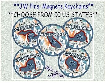 JW 'Love From Your State': Pin, Magnet, Keychain - 1.5" & 2.25" - 50 states - JW Gifts