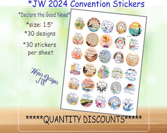 JW 2024 Convention Stickers - Declare the Good News/1.5" stickers - 30 per sheet - many designs/JW letter writing/jw convention assembly