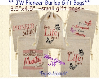 JW Pioneer Burlap Gift Bags: Pioneer School Meetings - JW Ministry Gifts (3.5x4.5)