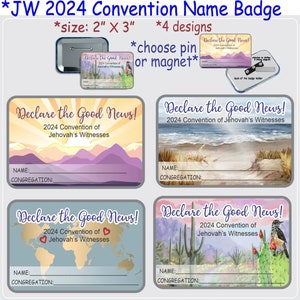 JW 2024 Declare the Good News Convention lapel name badge - pin or magnet - 4 design options - English Spanish/jw gifts