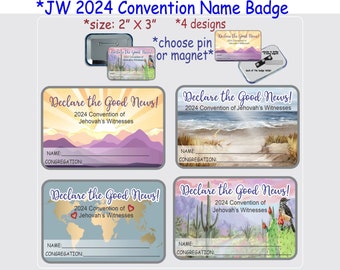 JW 2024 Declare the Good News Convention lapel name badge - pin or magnet - 4 design options - English Spanish/jw gifts