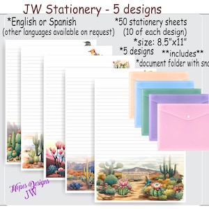 Paquete de papelería JW n.° 20: 5 diseños/inglés/español/estándar, universitario, espaciado amplio/escritura de cartas de JW/ministerio/regalos de JW/regalo de bautismo de pioneros