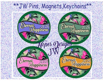 Pin, imán y llavero de la Convención JW 2026: 3,8 cm y 5,7 cm - 4 diseños - Regalos JW