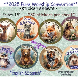 Convenção de Adoração Pura TJ 2025 - Adesivos de 1,5" - Desenhos de animais - Espanhol e Inglês - A melhor vida de todas - Presentes TJ - Presente para a convenção