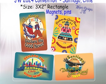 JW Geschenke/2024 Special Convention - Santiago 4 Designs/rechteckige Pins und Magnete/Namensschild/Taufgeschenk/best life ever/jw.org/Jw Geschenke