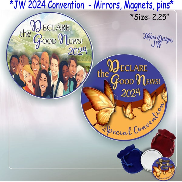 JW  2024 Convention-Declare the Good News/pocket mirrors, magnets, pins/2 designs English - Spanish/jw.org/encouragement gift