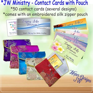JW Ministry - Enjoy Life Forever-contactkaarten met geborduurd zijden zakje met ritssluiting - veel ontwerpen/pionier doopdienstjaar cadeau/jw.org
