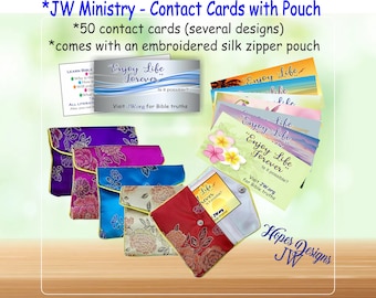 May include: A set of 50 contact cards featuring various designs with the text Enjoy Life Forever and Visit JW.org for Bible truths, accompanied by an embroidered silk zipper pouch in colors including purple, pink, blue, beige, and red.