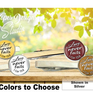 JWgifts/silver and antique bronze tie clips/love never fails/choose 4 colors/available in Spanish/jw.org/ties/pioneer gift/baptism