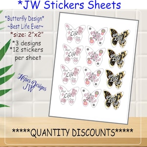 Pegatinas de mariposa JW, Best Life Ever, 12 por hoja, Bautismo pionero, Pegatinas para bolsas de regalo, latas, cajas, tarjetas, Escuela pionera