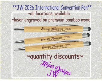 JW 2026 International Convention Bamboo Stylus Pen: Laser Engraved - All Locations - JW Gifts