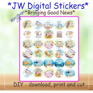 Adesivos digitais JW trazem boas novas 1,5" - arquivo digital PDF instantâneo/muitos designs/ministério jw - escrita de cartas jw - presentes jw