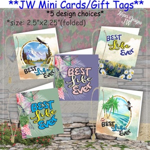 JW Mini Gift Cards Tags - 5 melhores designs da Life Ever/etiquetas de presente dobradas com fecho de cânhamo/jw.org/cartões de etiquetas de presente de batismo de pioneiros jw/presentes jw