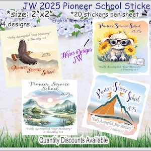 Pegatinas de la Escuela de Servicio de Pioneros JW 2025 - 2" x 2" - 20 por hoja - 5 diseños - Los mejores regalos para pioneros de JW - Escuela de pioneros de JW - Regalos de JW