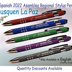 CLEARANCE SPANISH 2022 Asamblea Regional pens/Busquen La Paz stylus laser engraved pen with a Dove/jw gifts/ministry/jw letter writing