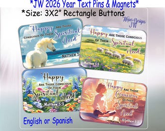 JW 2026 Year Text Pins & Magnets - 3"x2" - English Spanish - JW Gifts