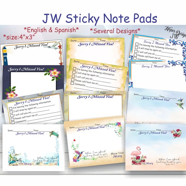 JW Ministry Sticky notes Sorry I missed you! Visit jw.org/English Spanish/option zipper pouch/ministry/jw gifts/pioneer/baptism