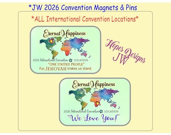 Puede incluir: Imanes y pines para el Congreso Internacional de 2026. El diseño presenta un mapa del mundo con las palabras "Eternal Happiness" y las frases "ONE UNITED PEOPLE" y "We Love You!" en una combinación de colores verde claro y azul.