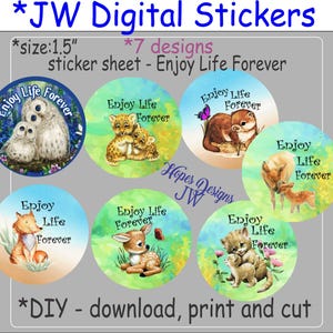 Diseños de animales JW digital "Disfruta la vida para siempre" de 1.5" - Archivo PDF digital instantáneo/Muchos diseños/Ministerio JW - Redacción de cartas JW - Regalos JW