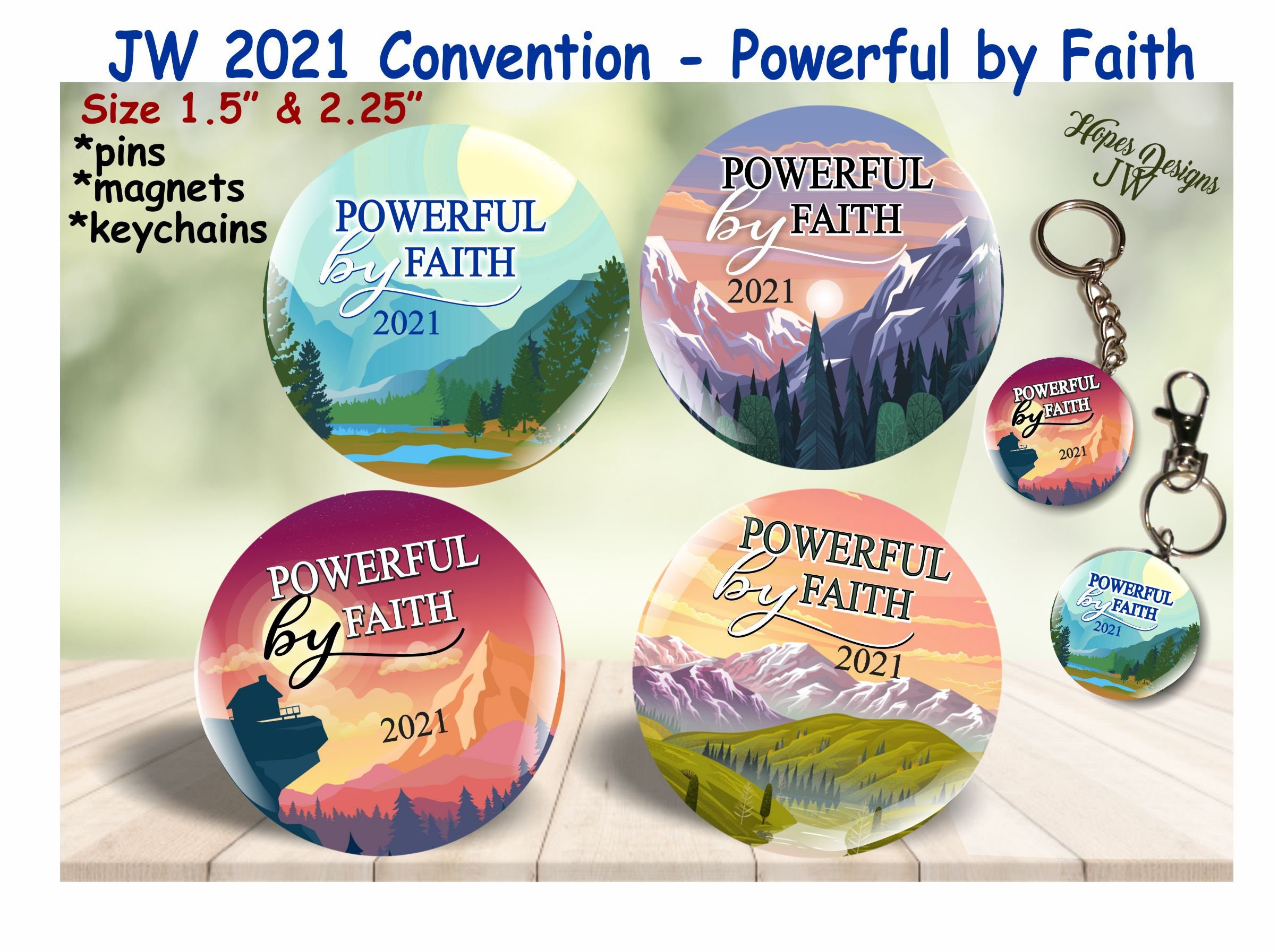 JW 2021 Powerful by Faith convention/1.5" & 2.25" pin, magn…