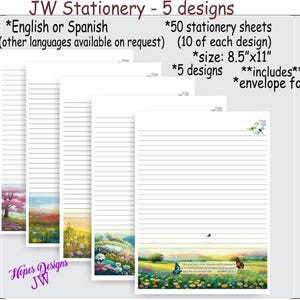 Paquete de papelería JW n.° 17: 5 diseños/inglés, español, estándar, universitario, ancho/escritura de cartas JW/incluye carpeta para documentos con broche